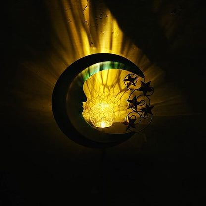 Solar Moon Lights - Outdoor Garden Lights with Crackle Glass Balls and Golden Stars - Waterproof Pathway Stakes for Lawn, Patio, or Yard - 2 Pack - Blue
