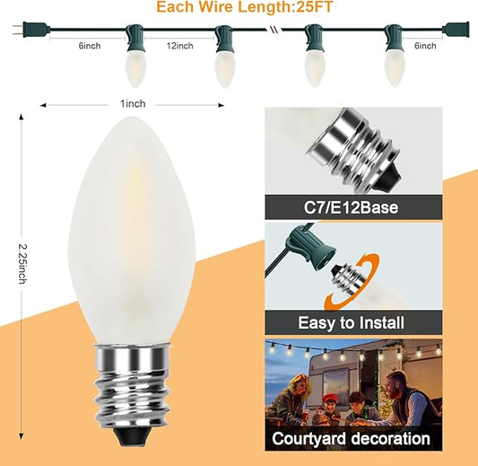 C7 LED Frosted White String Lights Outdoor 25Ft Christmas Decorations String Lights with 27 LED Frosted White Bulbs Hanging Vintage Christmas Lights for Outdoor Patio Garden Backyard Roofline, Green