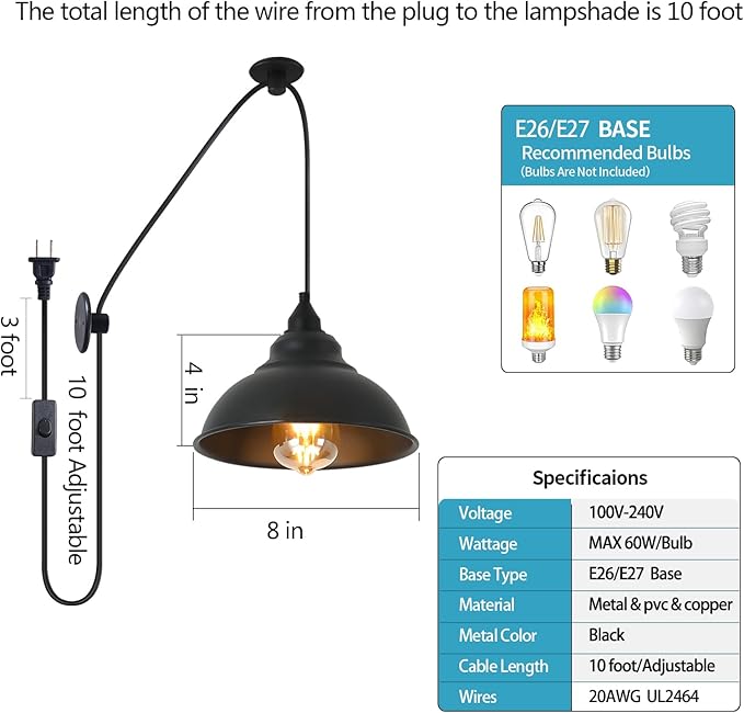 Plug in Pendant Light Fixtures Hanging Lamp Shades Hanging Light with Plug in Cord Black Light Corner Hanging Lamp | Lumora