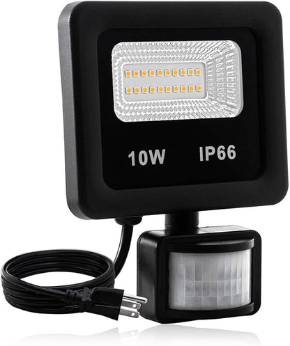 Motion Sensor Flood Light Outdoor,10W Security Light, IP66 Waterproof Outdoor Light,1000LM,3200K Motion Security Lights with Plug for Garage Yard Patio Pathway Porch Entryways (Warm White)