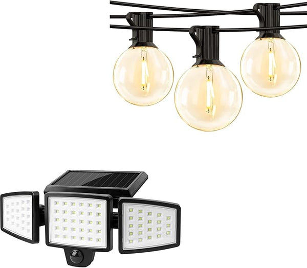 Lepro Bundle - Solar Flood Light 3 Adjustable Heads & 50 ft Outdoor String Lights 25 LED G40 Edison Bulbs String | Lumora