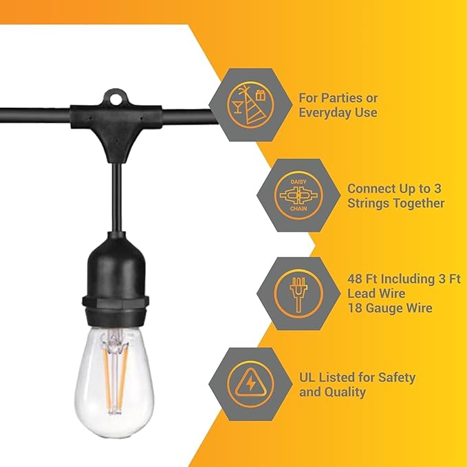 Diodesy- 48Ft Outdoor String Lights with S14 LED Shatterproof Edison Bulb & 15 Hanging Socket Commercial Grade E26 | Lumora