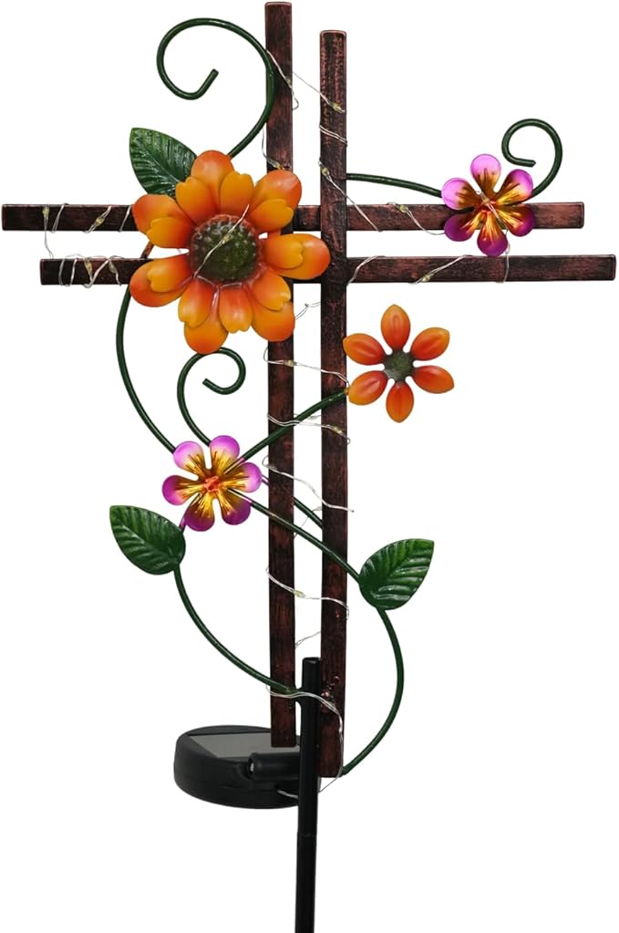 Putuo Decor Cross Outdoor Solar Garden Lights Decorative Metal Cross Garden Stake Light with LED Lights Waterproof for Yard Garden Pathway Remembrance Gifts, L087SN-0004383