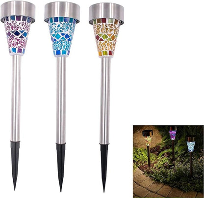 Uonlytech Solar Lawn Lamp, Solar Power Stainless Steel Mosaic Lawn Lamp, Solar Garden Lights for Yard Walkway Lawn Patio Driveway(3 Pcs,Blue,White Light)