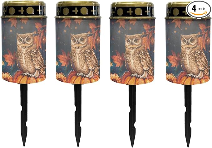 Autumn Fall Owl Solar Garden Lights Outdoor Waterproof Thanksgiving Decor 4 Pieces,Solar Stake Lights for Yard Patio Driveway Lights Outdoor Landscape Lighting