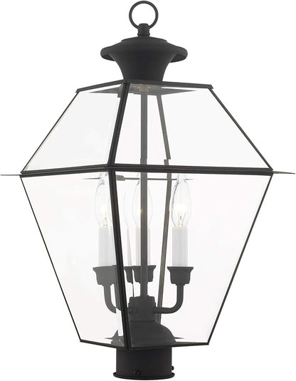 Livex Lighting 2384-04 Westover 3 Light Outdoor Black Finish Solid Brass Wall Lantern with Clear Beveled Glass, 22" x 12" x 22"