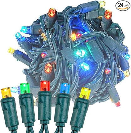 Novelty Lights 24-Pack, 25 Feet 50 LED Multicolor Christmas Mini Light String on Green Wire, 5mm Wide Angle Bulbs, Connectable, Indoor/Outdoor Decor, UL Listed