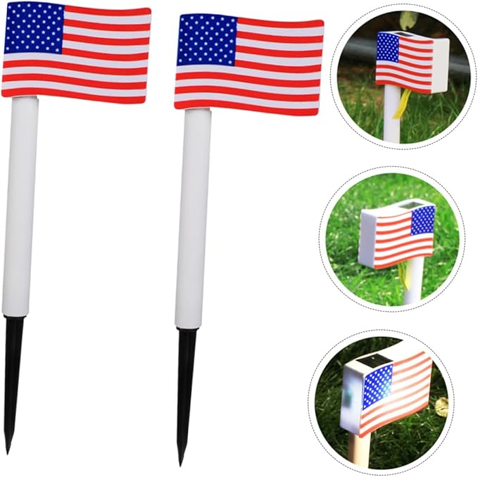 2pcs Solar LED Flag Garden Lights, Outdoor Pathway Ground Plug Lamps for Independence Day Decoration Random Color