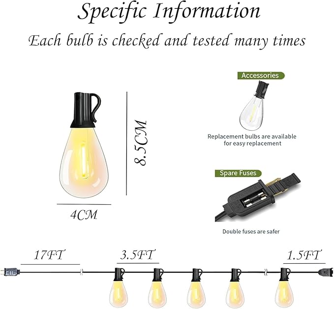 60FT Outdoor String Lights S11 LED Patio with 16+1 Plastic Bulbs(1 Spare),Waterproof Connectable Hanging Lights for Backyard Porch Balcony Party Decor