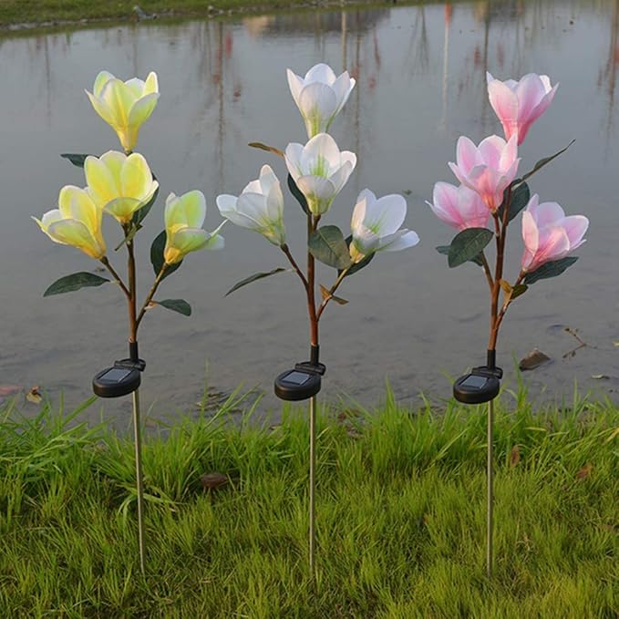Solar Garden Lights Solar Light Outdoor, Magnolia Flower Lamp Stick Lamp 4 Forks Garden Ground Lamp for Home (Pink Magnolia White Light) (Color : Yellow)