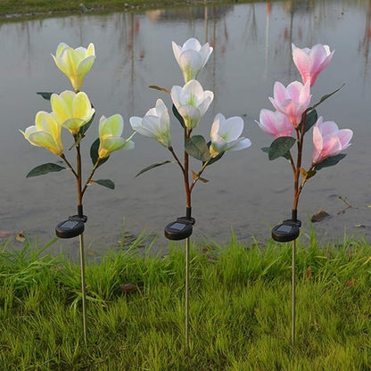 Solar Garden Lights Solar Light Outdoor, Magnolia Flower Lamp Stick Lamp 4 Forks Garden Ground Lamp for Home (Pink Magnolia White Light) (Color : Yellow)