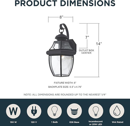 Quoizel Newbury Outdoor Wall Lantern, 14 Inch 1-Light Mystic Black Wall Sconce, French Country Exterior Wall Lantern Fixture, E26 Base, Clear Glass, Outside Lights for Patio, Porch, Garage or Yard