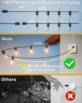150FT LED Outdoor String Lights With 45 Edison Shatterproof IP65 Waterproof Bulbs, 2700K Dimmable Commercial Grade | Lumora