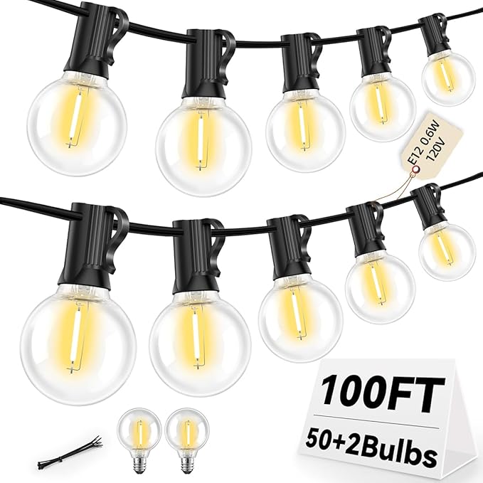 100FT G40 LED Outdoor String Lights with 50 Shatterproof Bulbs + 2 Spares, E12 Socket, 2700K Warm White | Lumora