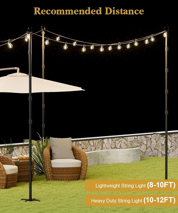 10Ft String Light Poles for Grass & Soil, Outdoor Light Stand with 5-Prong Fork Base, Heavy-Duty Metal Poles for | Lumora