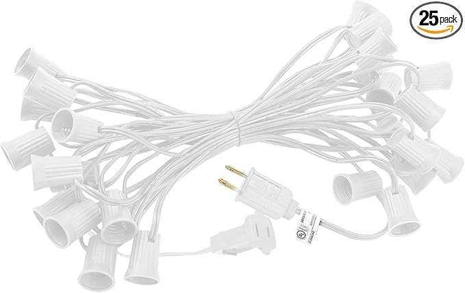 C9 Light Strings, 25Ft White Cord Strand with 25 Socket, E17 Light Stringer for C9 Christmas Lights, Outdoor | Lumora