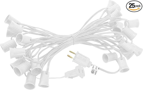 C9 Light Strings, 25Ft White Cord Strand with 25 Socket, E17 Light Stringer for C9 Christmas Lights, Outdoor | Lumora
