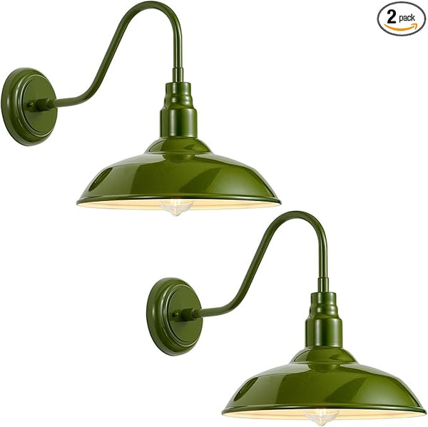 2 Pack Outdoor Gooseneck Barn Light with 14 Inch Dome, Farmhouse Exterior Wall Lights for Porch, Olive Green Patio | Lumora