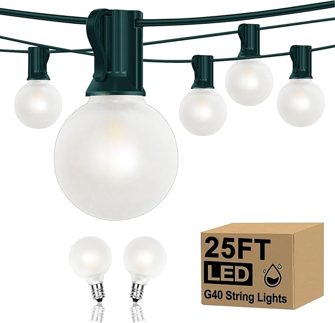 25FT G40 LED Frosted Outdoor String Lights, Globe String Lights with 27 Edison Shatterproof Bulbs(2 Spare), Decorative Lights for Bedroom Bistro Café Wedding, Warm White, Green Wire