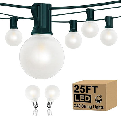 25FT G40 LED Frosted Outdoor String Lights, Globe String Lights with 27 Edison Shatterproof Bulbs(2 Spare), Decorative Lights for Bedroom Bistro Café Wedding, Warm White, Green Wire