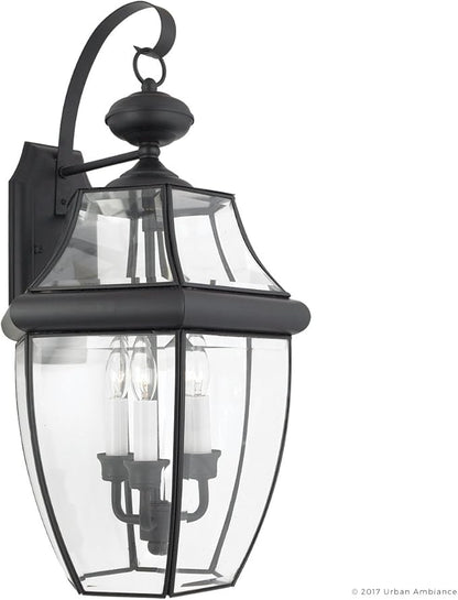 Urban Ambiance Luxury Colonial Outdoor Wall Light, Large Size: 22.5" H x 12.25" W, with Tudor Style Elements, Versatile Design, High-End Black Silk Finish and Beveled Glass, UQL1146