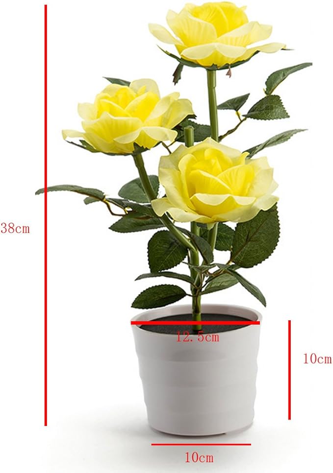 LED Solar Power Decorative Artificial Rose Flower Pot Plant Landscape Light Night Lamp Outdoor Garden Yard Pathway Lawn Grassland Yellow