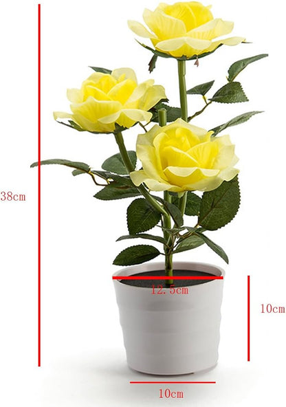 LED Solar Power Decorative Artificial Rose Flower Pot Plant Landscape Light Night Lamp Outdoor Garden Yard Pathway Lawn Grassland Yellow