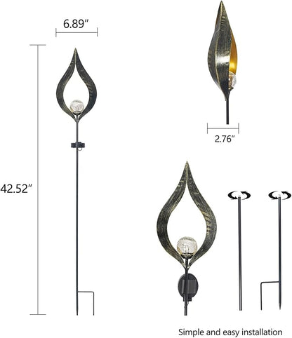Outdoor Solar Lights Garden, Flame Crackle Glass Globe Stake Metal Waterproof LED Lights for Pathway, Lawn, Patio, Courtyard, Backyard