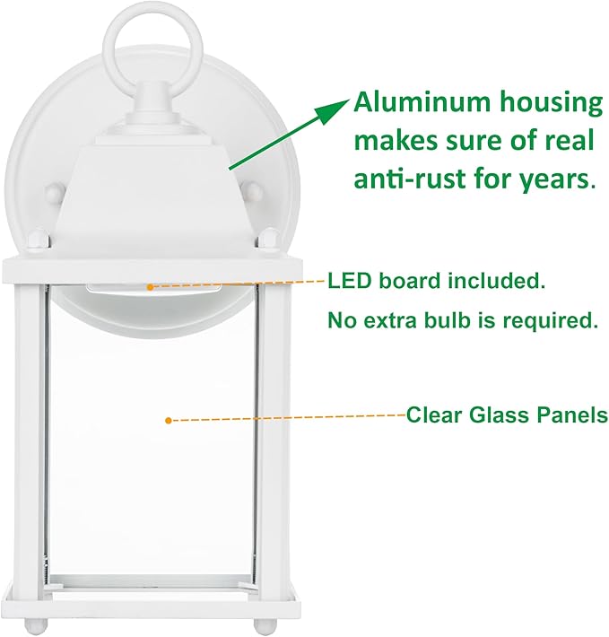 LIT-PaTH Outdoor LED Wall Lantern, Wall Sconce as Porch Light, 9.5W 800 Lumen, Aluminum Housing Plus Glass, 5000k-Matte White Finish, 1-Pack