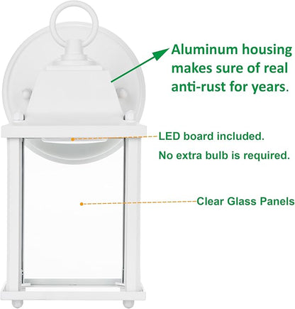 LIT-PaTH Outdoor LED Wall Lantern, Wall Sconce as Porch Light, 9.5W 800 Lumen, Aluminum Housing Plus Glass, 5000k-Matte White Finish, 1-Pack