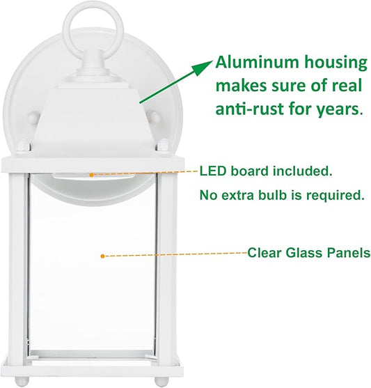 LIT-PaTH Outdoor LED Wall Lantern, Exterior Wall Sconce Porch Light Fixtures, 3000K 9.5W 800 Lumen, Aluminum Housing Plus Glass, Matte White Finish, 1-Pack