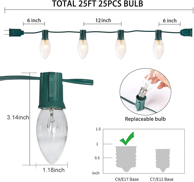 SUNSGNE C9 Clear Christmas Lights 25Ft Outdoor Christmas String Lights with 26 Clear Light Bulbs for Outdoor Patio | Lumora