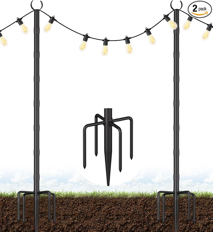 10Ft String Light Poles for Grass & Soil, Outdoor Light Stand with 5-Prong Fork Base, Heavy-Duty Metal Poles for | Lumora