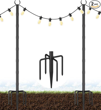 10Ft String Light Poles for Grass & Soil, Outdoor Light Stand with 5-Prong Fork Base, Heavy-Duty Metal Poles for Backyard, Garden & Patio Party Lighting, Rustproof & Adjustable, 2 Pack