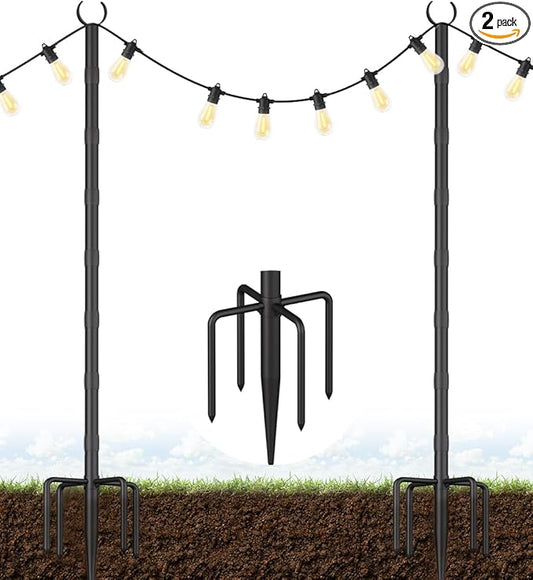10Ft String Light Poles for Grass & Soil, Outdoor Light Stand with 5-Prong Fork Base, Heavy-Duty Metal Poles for Backyard, Garden & Patio Party Lighting, Rustproof & Adjustable, 2 Pack