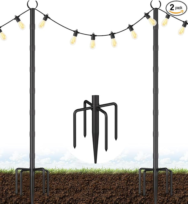 10Ft String Light Poles for Grass & Soil, Outdoor Light Stand with 5-Prong Fork Base, Heavy-Duty Metal Poles for | Lumora