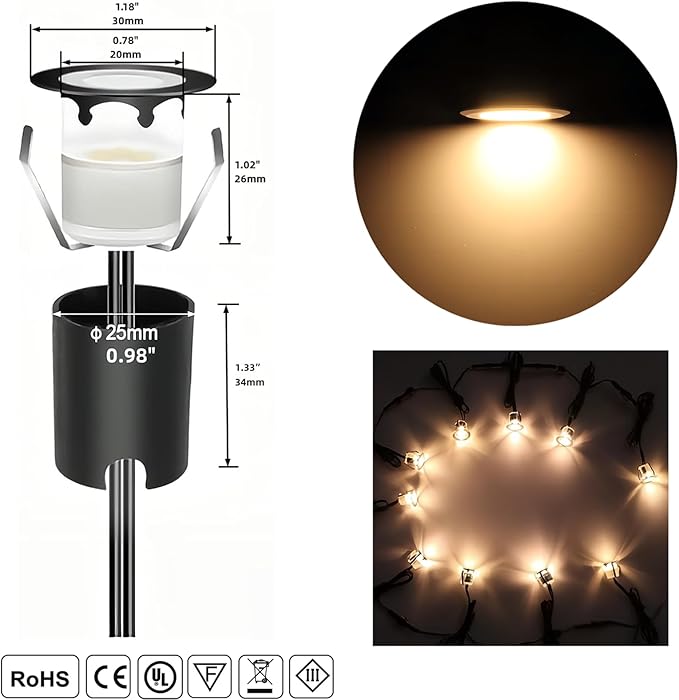 Warm White Recessed LED Deck Light, RNEHON 12V Low Voltage Step Lights with Protecting Shell, Φ1.18 Landscape | Lumora