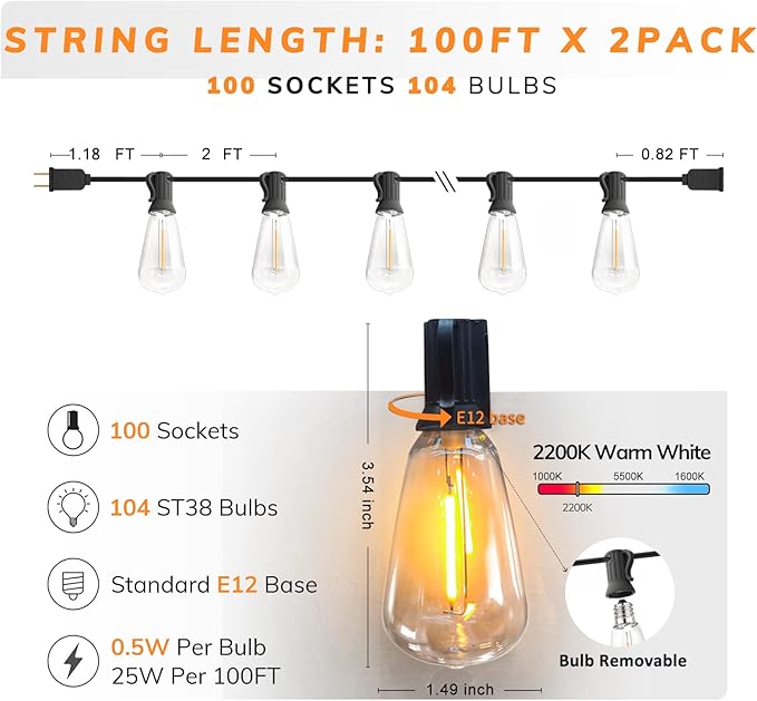 Achin Outdoor String Lights 200FT Vintage Edison String Lights with 104 Shatterproof ST38 Bulbs LED Dimmable Warm | Lumora