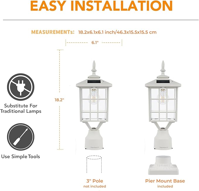 Kemeco ST4224Q-W Solar Post Light Outdoor Led Squared Frame Fixture with 3" Pier Mount Base for Garden Street Pole | Lumora