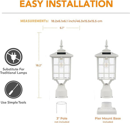 Kemeco ST4224Q-W Solar Post Light Outdoor Led Squared Frame Fixture with 3" Pier Mount Base for Garden Street Pole Landscape Yard Driveway Entryways (White)