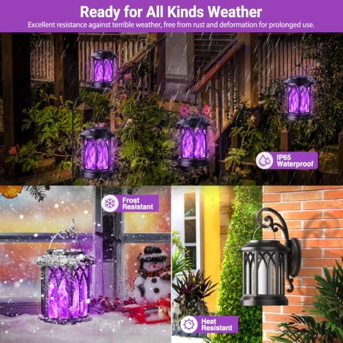 KOOPER 4 Pack Solar Lantern Outdoor Lights, Upgraded Flickering Flame Solar Lanterns Lights Outdoor Waterproof, Hanging Lantern Decorative, Solar Powered Lanterns for Yard Garden Decor (Purple Light)