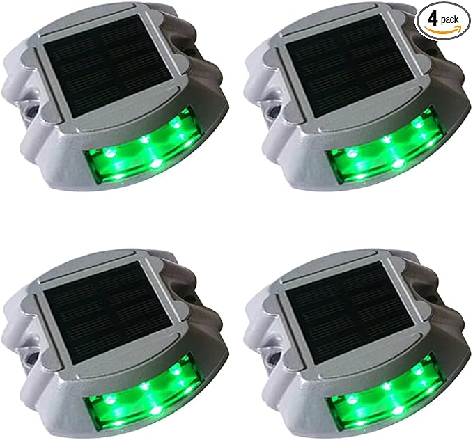4 Pack Upgraded Solar Driveway Marker Lights, Solar Powered Deck Lights Outdoor Waterproof LED Boat Dock Lights Aluminium Warning Step Lighting for Path Walkway (4, Green Always on)