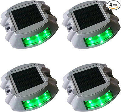 4 Pack Upgraded Solar Driveway Marker Lights, Solar Powered Deck Lights Outdoor Waterproof LED Boat Dock Lights Aluminium Warning Step Lighting for Path Walkway (4, Green Always on)