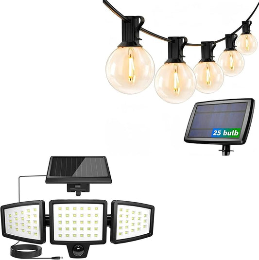 LE Bundle - Solar Flood Light 3 Adjustable Heads with Separeted Solar Panel & 25 ft Solar String Lights G40 Edison Bulbs String Lights