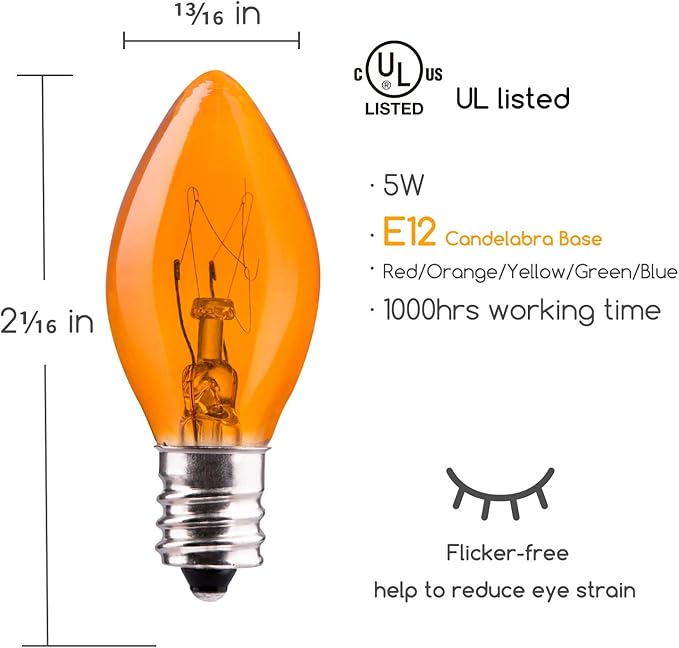 Minetom 25 Pack C7 Christmas Replacement Light Bulbs, Transparent Blubs for C7 String Lights, E12 Candelabra | Lumora