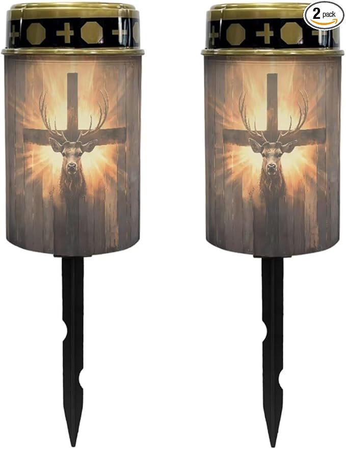 Poceacles 2 PCS Cross Outdoor Solar Lights Solar Garden Lights Cemetery Solar Lights Water Resistant Pillar Candle Solar Garden Stake Lights for Cemetery Grave Decorations, Deer Cross Wood Grain