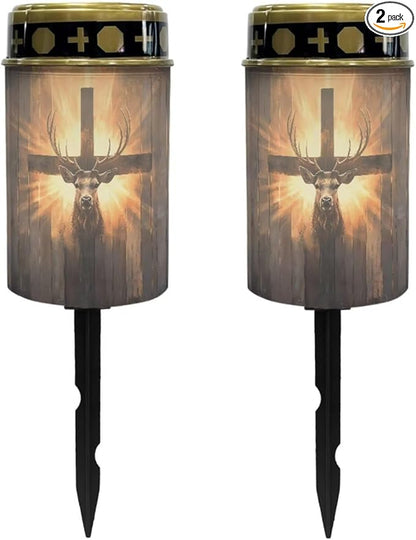 Poceacles 2 PCS Cross Outdoor Solar Lights Solar Garden Lights Cemetery Solar Lights Water Resistant Pillar Candle Solar Garden Stake Lights for Cemetery Grave Decorations, Deer Cross Wood Grain