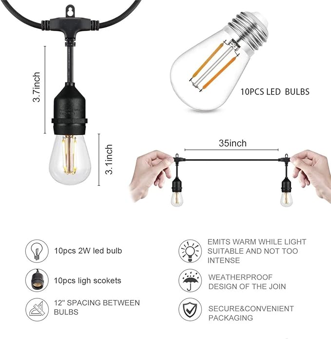 Hanging IP65 10m 20m 30m LED S14 String Lights Waterproof E27 Warm LED Retro Edison Filament Bulb Fairy Outdoor Street Garden Patio Holiday Lighting,10M