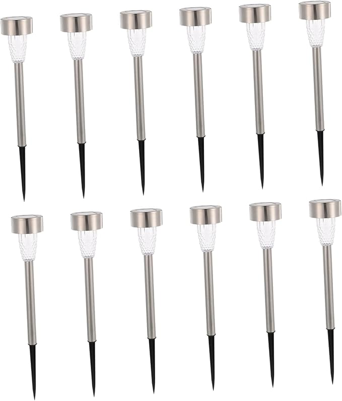 Wakauto 12pcs Solar Powered Stainless Steel Lawn Lights Outdoor Garden Pathway Lighting Kit with Bright White LED for Patio Decor