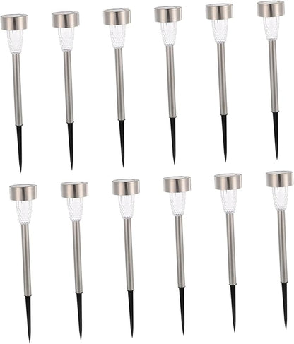 Wakauto 12pcs Solar Powered Stainless Steel Lawn Lights Outdoor Garden Pathway Lighting Kit with Bright White LED for Patio Decor